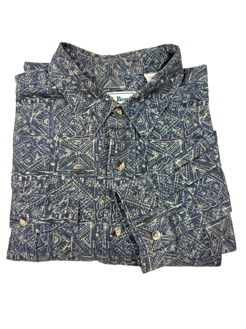 L.L. Bean Navy Blue Printed Cotton Button-Down Shirt
